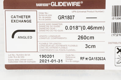 Terumo GR1807  Glidewire Cath.  0.018 inch x 260 cm x 3 cm (x)